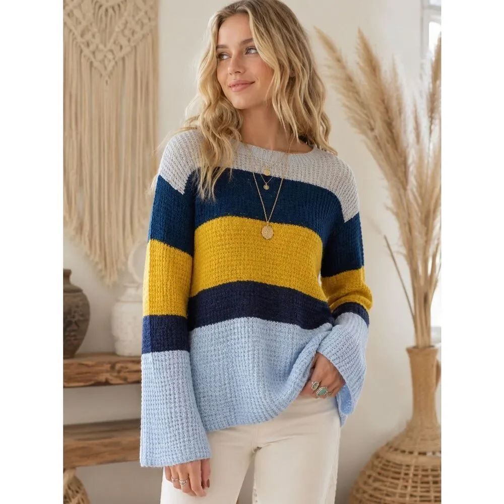 Anthropologie Umgee Striped Crewneck Sweater in Navy, Mustard & Light Blue